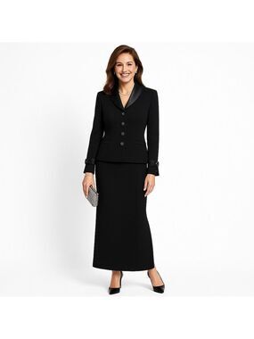 St. John Evening Skirt Suit Set Wool w/ Silk Trim Jewelled Buttons Black Size 8